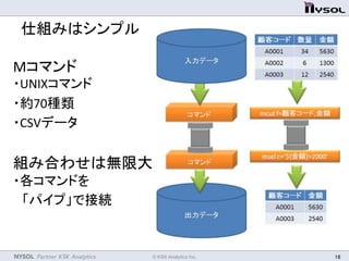 NYSOL Partner KSK Analytics	
仕組みはシンプル	
Mコマンド	
  
・UNIXコマンド	
  
・約70種類	
  
・CSVデータ	
  
	
  
組み合わせは無限大	
  
・各コマンドを	
  
　「パイプ」で接続	
© KSK Analytics Inc.	
 16	
 