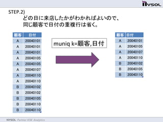 NYSOL Partner KSK Analytics	
STEP.2)	
  
　　　　どの日に来店したかがわかればよいので、	
  
　　　　同じ顧客で日付の重複行は省く。	
muniq	
  k=顧客,日付	
 