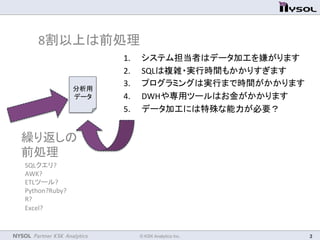 NYSOL Partner KSK Analytics	
 © KSK Analytics Inc.	
 3	
データ分析のプロセス	
  
実は8割以上は前処理	
1.  システム担当者はデータ加工を嫌がります	
  
2.  SQLは複雑・実行時間もかかりすぎます	
  
3.  プログラミングは実行まで時間がかかります	
  
4.  DWHや専用ツールはお金がかかります	
  
5.  データ加工には特殊な能力が必要？	
分析用
データ	
繰り返しの	
前処理	
  
SQLクエリ?	
  
AWK?	
  
ETLツール?	
  
Python?Ruby?	
  
R?	
  
Excel?	
  	
  
 