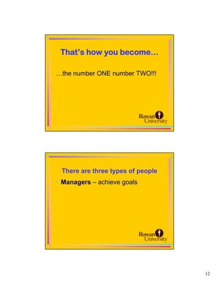 That’s how you become…

…the number ONE number TWO!!!




 There are three types of people
• Managers – achieve goals




                                   12
 