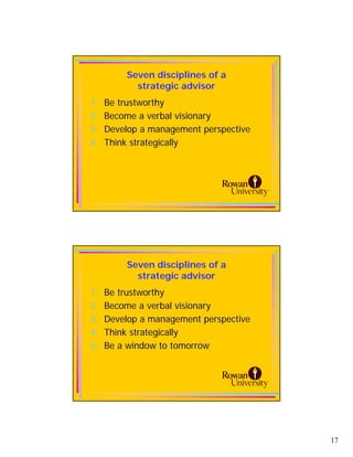 Seven disciplines of a
           strategic advisor
1.   Be trustworthy
2.   Become a verbal visionary
3.   Develop a management perspective
4.   Think strategically




         Seven disciplines of a
           strategic advisor
1.   Be trustworthy
2.   Become a verbal visionary
3.   Develop a management perspective
4.   Think strategically
5.   Be a window to tomorrow




                                        17
 