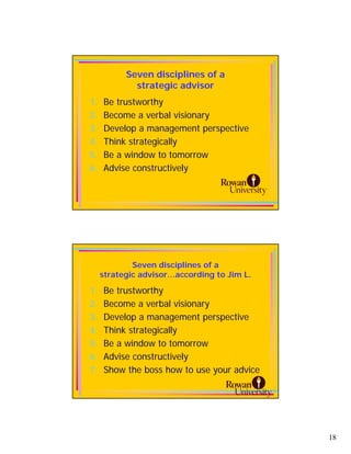 Seven disciplines of a
             strategic advisor
1.   Be trustworthy
2.   Become a verbal visionary
3.   Develop a management perspective
4.   Think strategically
5.   Be a window to tomorrow
6.   Advise constructively




             Seven disciplines of a
     strategic advisor…according to Jim L.

1.   Be trustworthy
2.   Become a verbal visionary
3.   Develop a management perspective
4.   Think strategically
5.   Be a window to tomorrow
6.   Advise constructively
7.   Show the boss how to use your advice




                                             18
 