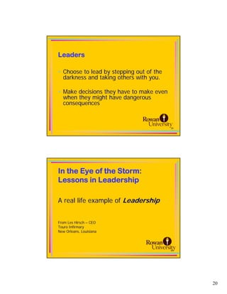 Leaders

• Choose to lead by stepping out of the
  darkness and taking others with you.

• Make decisions they have to make even
  when they might have dangerous
  consequences



                                          39




In the Eye of the Storm:
Lessons in Leadership

A real life example of Leadership


From Les Hirsch – CEO
Touro Infirmary
New Orleans, Louisiana




                                          40




                                               20
 