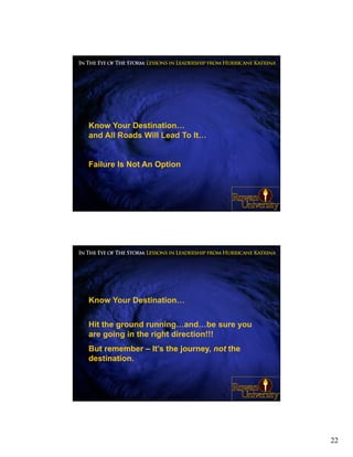 Know Your Destination…
and All Roads Will Lead To It…


Failure Is Not An Option



                                           43




Know Your Destination…


Hit the ground running…and…be sure you
are going in the right direction!!!
But remember – It’s the journey, not the
destination.


                                           44




                                                22
 