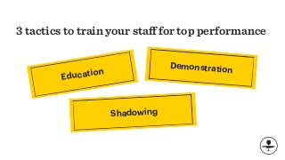 3 tactics to train your staﬀ for top performance.
Education
Demonstration
Shadowing
 