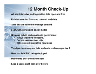 12 Month Check-Up
• All administrative and legislative data open and free

• Policies enacted for code, content, and data

• 100s of staff trained to manage content

• >50% Senators using social media

• Growing public participation in government
    • 1,000s view live webcasts,
    • Dozens comment on bills,
    • 100s vote on legislative new ideas

• Third-parties using our data and code --> leverages tax $

• New “social CRM” being deployed

• Mainframe shut-down imminent

• Less $ spent on IT than ever before
 