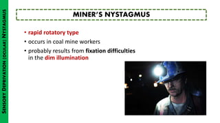 • rapid rotatory type
• occurs in coal mine workers
• probably results from fixation difficulties
in the dim illumination
MINER’S NYSTAGMUS
SENSORYDEPRIVATION(OCULAR)NYSTAGMUS
 