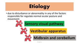 • due to disturbance or abnormality in any of the factors
responsible for regulate normal ocular posture and
movement:
Nystagmus
Etiology
Sensory visual pathway
Vestibular apparatus
Midbrain and cerebellum
 