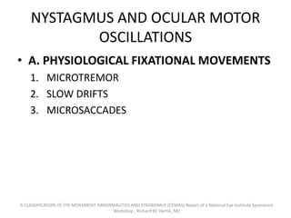 NYSTAGMUS AND OCULAR MOTOR
OSCILLATIONS
• A. PHYSIOLOGICAL FIXATIONAL MOVEMENTS
1. MICROTREMOR
2. SLOW DRIFTS
3. MICROSACCADES
A CLASSIFICATION OF EYE MOVEMENT ABNORMALITIES AND STRABISMUS (CEMAS) Report of a National Eye Institute Sponsored
Workshop , Richard W. Hertle, NEI
 