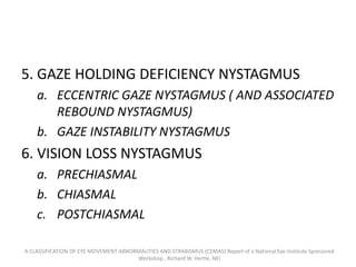 5. GAZE HOLDING DEFICIENCY NYSTAGMUS
a. ECCENTRIC GAZE NYSTAGMUS ( AND ASSOCIATED
REBOUND NYSTAGMUS)
b. GAZE INSTABILITY NYSTAGMUS
6. VISION LOSS NYSTAGMUS
a. PRECHIASMAL
b. CHIASMAL
c. POSTCHIASMAL
A CLASSIFICATION OF EYE MOVEMENT ABNORMALITIES AND STRABISMUS (CEMAS) Report of a National Eye Institute Sponsored
Workshop , Richard W. Hertle, NEI
 