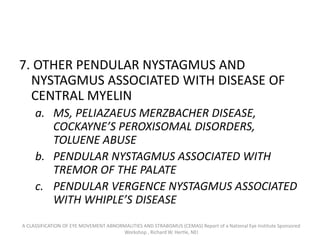 7. OTHER PENDULAR NYSTAGMUS AND
NYSTAGMUS ASSOCIATED WITH DISEASE OF
CENTRAL MYELIN
a. MS, PELIAZAEUS MERZBACHER DISEASE,
COCKAYNE’S PEROXISOMAL DISORDERS,
TOLUENE ABUSE
b. PENDULAR NYSTAGMUS ASSOCIATED WITH
TREMOR OF THE PALATE
c. PENDULAR VERGENCE NYSTAGMUS ASSOCIATED
WITH WHIPLE’S DISEASE
A CLASSIFICATION OF EYE MOVEMENT ABNORMALITIES AND STRABISMUS (CEMAS) Report of a National Eye Institute Sponsored
Workshop , Richard W. Hertle, NEI
 