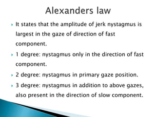  It states that the amplitude of jerk nystagmus is
largest in the gaze of direction of fast
component.
 1 degree: nystagmus only in the direction of fast
component.
 2 degree: nystagmus in primary gaze position.
 3 degree: nystagmus in addition to above gazes,
also present in the direction of slow component.
 