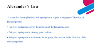 It states that the amplitude of jerk nystagmus is largest in the gaze of direction of
fast component.
• 1 degree: nystagmus only in the direction of the fast component.
• 2 degree: nystagmus in primary gaze position.
• 3 degree: nystagmus in addition to above gazes, also present in the direction of the
slow component.
Alexander’s Law
 