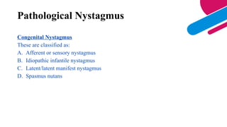 Congenital Nystagmus
These are classified as:
A. Afferent or sensory nystagmus
B. Idiopathic infantile nystagmus
C. Latent/latent manifest nystagmus
D. Spasmus nutans
Pathological Nystagmus
 