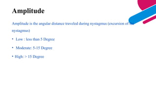Amplitude is the angular distance traveled during nystagmus (excursion of the
nystagmus)
• Low : less than 5 Degree
• Moderate: 5-15 Degree
• High: > 15 Degree
Amplitude
 