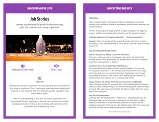 UNDERSTANDTHEUSER
JobStories
Identify opportunities for growth by deconstructing
a job that customers are trying to get done.
Writing Job Stories is a powerful way of evaluating the circumstances
that arise in customers’ lives. Customers make decisions about what
products to use because they find themselves with a problem they
would like to solve.
With an understanding of the “job” for which customers find
themselves “hiring” a product or service, we can more accurately
develop and market products and features well-tailored to what
customers are already trying to do.
UNDERSTANDTHEUSER
Instructions
When writing job stories it’s important to focus on things such as context,
causality and motivations instead of assumptions, subjectiveness, personas and
implementations.
We start by framing each design problem as a job, focusing on the triggering
event or situation, the progress and motivation, and the intended outcome:
[ Situation statement ] + [ Progress statement ] + [ Outcome statement ] .
Example: [When I’m running late for an appt & worried that I won’t be able to
eat before], [I want something filling to eat on the go], [so that I have the energy
to perform].
Tips for writing effective job stories:
Refine A Situation By Adding Contextual Information
The more context we have for the situation, the easier it will be to craft a
working solution which also handles any anxieties which can push a customer
away from using a product or feature..
Job Stories Come From Real People Not Personas
Job stories should be derived from real customer feedback. You must talk
to real people and uncover all the anxieties and contexts which were in play
when they used your or a competitor’s product. Additionally, comb through
any existing research you have on your users, pulling out any contextual or
emotional data that might aid you in writing your job stories.
Design Modular Job Stories Which Features (solutions) Can Plug Into
When writing job stories, it’s important not to commingle the job with solutions.
Doing so makes it difficult to figure out what went wrong when customers reject
our ideas. Was your persona wrong? Was the feature wrong? Was it the wrong
feature for the persona?
Add Forces To Motivations
In the job story format of Situation — Motivations — Expected Outcomes, the
Motivation stage can be enhanced by adding pull and push forces. Adding
forces to a motivation is much like adding context to a situation. It’s the
emotional component of the job story. By getting in touch with the emotions the
customer is feeling we can design solutions that mitigate them.
http://alanklement.com/5-tips-job-story
Participants: Entire team Time: 1 hour
Objective
CC Image courtesy of Charles Knowles on Flickr
 