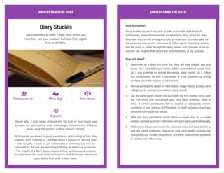 UNDERSTANDTHEUSER
DiaryStudies
Ask customers to keep a daily diary of not just
how they use your product, but also their digital
lives and habits.
Diaries offer a wide range of views into the lives of your target user
because the participants recall their usage, behavior, and attitudes
while using the product in their natural context.
Participants are asked to keep a written or pictorial log of how they
interact with, respond to, and feel about a product or service over
time (usually a week or so), followed by a summary one-on-one
interview to discuss any recurring patterns or follow-up questions.
The results of a diary study require a final synthesis and analysis
to understand the user, their motivations, and the broad needs and
pain points that exist in their lives.
UNDERSTANDTHEUSER
Who is involved?
Diary studies require a recruiter to both source the right kinds of
participants, and schedule emails for reminding them about the diary
exercises and/or new writing prompts; a moderator and note-taker for
the summary one-on-one interviews to follow-up on interesting entries;
and the team to comb through the diary entries and interview notes to
uncover key insights that inform the next milestone of the process.
How is it done?
1.	 Determine as a team the form the diary will take (digital, pen and
paper, etc.), how delivery of entries will be accomplished (email, mail,
etc.), and schedule for writing the entries (daily, hourly, etc.). Follow
this conversation up with a discussion of what questions or writing
prompts you’d like to pose to participants.
2.	 Recruit participants based on their habits, usage of your product, and
willingness to maintain a consistent diary record.
3.	 Ask the participants to start the diary with the first prompt, once both
the mechanics and recruitment pool have been achieved. Keep in
mind: if certain participants fail to respond or adequately answer
questions in their entries, don’t hesitate to reach out and correct any
deviance from expected results.
4.	 After the diary period has ended (from a couple days to a couple
weeks), conduct summary interviews with each participant individually.
5.	 Sit down as a team and review the interview notes and diary entries to
pick out useful qualitative insights on how participants currently use
your product or similar competitors, and what underserved problems
or needs exist in their lives.
Objective
Participants: 10+ Effort: High Time: Weeks
CC Image courtesy of Kévin Couette on Flickr
 