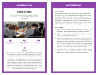 UNDERSTANDTHEUSER
FocusGroups
Have a conversation between you and a group of
your customers to understand their attitudes toward
your product.
Focus groups are most valuable as guided discussions, between
a moderator and a diverse collection of target users, to identify
expectations and ideas around a particular product or service.
Keep in mind: focus groups are only useful when trying to assess
user attitudes and perceptions toward a product; they cannot,
however, determine usability, largely because participants can be
easily swayed by each other or rely on pure speculation to answer
questions on product usage. Find valuable insights from a focus
group’s results, but attempt to further validate them with individual
participants through one-on-one interviews.
UNDERSTANDTHEUSER
Who is involved?
Focus groups require a recruiter to take careful steps to ensure that
participants of the focus group represent a diverse selection of actual
users (to prevent an echo-chamber effect); a moderator who can
effectively guide the conversation and give every participant a chance
to be heard; a note-taker that sits outside the room and listens in, or a
video recorder that can be reviewed afterward; and the team to analyze
results and propose next steps in understanding the user base.
How is it done?
1.	 Spend the time and effort to find the right kinds of participants for the
focus group: diverse, communicative, and willing to participate.
2.	 Create an interview guide, with potential questions or conversation
points, to loosely follow with participants.
3.	 During the focus group, have the moderator pay close attention to
points in the conversation when participants are exhibiting too much
influence over others, are relying too much on pure conjecture, or
tend to be quiet and evade questions; course-correct when needed,
but at the same time try to intervene as little as possible. Ensure that
a note-taker or video recorder is capturing results as well.
4.	 Reconvene after the focus group to pick out insightful ideas or
responses from the group and decide on the next steps to validate
these through individual interviews or other research methods.
Objective
Participants: 10+ Effort: Medium Time: Days
CC Image courtesy of BSA Badalona on Flickr
 