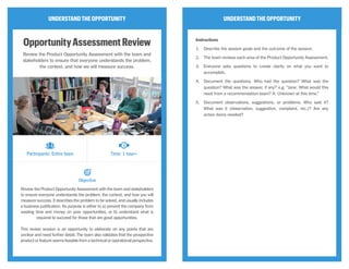 UNDERSTANDTHEOPPORTUNITY
OpportunityAssessmentReview
Review the Product Opportunity Assessment with the team and
stakeholders to ensure that everyone understands the problem,
the context, and how we will measure success.
Review the Product Opportunity Assessment with the team and stakeholders
to ensure everyone understands the problem, the context, and how you will
measure success. It describes the problem to be solved, and usually includes
a business justification. Its purpose is either to a) prevent the company from
wasting time and money on poor opportunities, or b) understand what is
required to succeed for those that are good opportunities.
This review session is an opportunity to elaborate on any points that are
unclear and need further detail. The team also validates that the prospective
product or feature seems feasible from a technical or operational perspective.
UNDERSTANDTHEOPPORTUNITY
Instructions
1.	 Describe the session goals and the outcome of the session.
2.	 The team reviews each area of the Product Opportunity Assessment.
3.	 Everyone asks questions to create clarity on what you want to
accomplish.
4.	 Document the questions. Who had the question? What was the
question? What was the answer, if any? e.g. “Jane: What would this
need from a recommendation team? A: Unknown at this time.”
5.	 Document observations, suggestions, or problems. Who said it?
What was it (observation, suggestion, complaint, etc.)? Are any
action items needed?
Participants: Entire team Time: 1 hour+
Objective
CC Image courtesy of denkwerk GmbH on Flickr
 