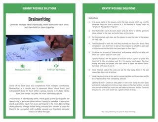 IDENTIFYPOSSIBLESOLUTIONS
Storyboarding
Take the ideas you’ve generated so far, and sketch how a user
would move through part of a user story.
After the team has done some mind-mapping and quickly sketched
ideas, make that user story diagram more concrete. The goal is to take
the ideas you’ve generated so far and sketch an actual UI showing how a
user would move through this part of the story — where they click, what
info they enter, what they think, etc. These storyboards will be shared
anonymously and critiqued by the group.
IDENTIFYPOSSIBLESOLUTIONS
Instructions
1.	 Start with a blank sheet of paper, and put 3 sticky notes on it. Each
sticky note is one frame in the storyboard. It’s kind of like a comic
book that you’re going to fill in.
2.	 Look back at your mind map and your sketches to find the best
ideas, the ones you’d like to illustrate in more detail.
3.	 Draw UI in the three frames of their storyboard showing a
progression: first this, then that, then that.
4.	 There are three important storyboard rules:
Make it stand alone. Just like a real product, your drawing has to
make sense by itself, without you there to pitch it. In the next steps,
people will be looking at these, but you won’t have a chance to talk
about your idea until the end.
Keep it anonymous. Don’t write your name on your drawing.
You’ll want all ideas to start on a level playing field and it can be
distracting to know which one was drawn by the CEO.
Give it a name. Come up with a catchy title for your idea. That
makes it easier to discuss and compare later.
5.	 When you finish the storyboards, hang them on the wall.
6.	 Have the team silently critique or dot vote on the most interesting
concepts to move forward with.
Google Ventures, http://www.gv.com/lib/the-product-design-sprint-divergeday2
Participants: 1-10 Time: 10–20 minutes
Objective
CC Image courtesy of CannedTuna on Flickr
 