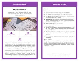UNDERSTANDTHEUSER
Proto-Personas
Develop a set of quick, ad hoc personas that depict
your customers (or those who are encountering this
situation or problem).
Proto-personas are a variant of the typical persona, which is usually
heavily researched. Your team starts with assumptions about who is
using your product or service and what is motivating them to do so, and
then does research to validate them. You want to capture everyone’s
assumptions and encapsulate the organization’s beliefs.
Proto-personas provide a starting point for evaluating ideas and early
design hypotheses. They help reinforce corporate awareness of the
customer’s point of view to ensure it’s included in strategic planning.
Coming to a group consensus on the personas helps everyone focus on
the customers and empathize with them.
UNDERSTANDTHEUSER
Instructions
Persona Format
1.	 Sketch proto-personas on paper, using a hand-drawn quadrant.
2.	 Top left box: Persona’s name and role, with a rough sketch of him/her
3.	 Top right box: Basic demographic information, with a focus on information
that predicts a specific type of behavior
4.	 Bottom left box: User’s needs and frustrations with the current product or
situation, the specific pain points your product is trying to solve, and/or the
opportunity you’re trying to address
5.	 Bottom right box: Feature and solution ideas
Persona Creation Process
1.	 Start with a group brainstorm. Team members offer their opinions on who
the project should be targeting and how that would affect each potential
user’s use of the product.
2.	 Once the brainstorming is complete, narrow down the ideas to an initial
set of three or four personas you believe are most likely to be the target
audience.
3.	 Try to differentiate the personas around needs and roles, rather than by
demographic.
Persona Validation
Once your proto-personas are created and agreed upon, take them into the field
to begin validating their accuracy. As you learn from your ongoing research, you’ll
quickly find out how accurate your initial persona guesses are. This will inform you
on how to adjust your target audience and persona, which should be revamped
and rewritten as needed.
http://www.jeffgothelf.com/blog/lean-ux-book/#sthash.7aXWU9Tr.PcpUM1Un.dpbs
http://uxmag.com/articles/using-proto-personas-for-executive-alignment
Participants: 3-10 Time: 1 hour
Objective
CC Image courtesy of Rob Enslin on Flickr
 