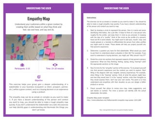 UNDERSTANDTHEUSER
EmpathyMap
Understand your customers within a given context by
creating their profile based on what they think and
feel, see and hear, and say and do.
This exercise helps your group gain a deeper understanding of a
stakeholder in your business ecosystem (a client, prospect, partner,
etc.) within a given context, such as a buying decision or an experience
using a product.
The empathy map can be as simple or complex as you want to make
it. If you have a decent understanding of the person and context
you want to map, you should be able to make a rough empathy map
quickly. If you don’t understand the stakeholder very well, this exercise
can help identify gaps in understanding and illuminate the things you
don’t yet know.
UNDERSTANDTHEUSER
Instructions
The exercise can be as simple or complex as you want to make it. You should be
able to make a rough empathy map quickly, if you have a decent understanding
of the person and context you want to map.
1.	 Start by drawing a circle to represent the person. Give it a name and some
identifying information, like a job title. It helps to think of a real person who
roughly fits the profile, and keep them in mind as you proceed. In keeping
with the idea of a “profile,” think of the circle as the profile of a person’s
head and fill in some details. You might want to add eyes, mouth, nose, and
maybe glasses or a hairstyle to differentiate the person from other profiles
you might want to create. These details will help you project yourself into
that person’s experience.
2.	 Determine a question you have for that stakeholder. What would you want
to ask them or understand about a situation in their life? For example, if you
want to understand a buying decision, you might ask “Why should I buy X?”
3.	 Divide the circle into sections that represent aspects of that person’s sensory
experience. What are they thinking, feeling, saying, doing, hearing? Label
the appropriate sections on the image.
4.	 Now it’s time for the “empathy” portion of the exercise. Try to project yourself
into that person’s experience and the context you want to explore. Start
filling in the diagram with real, tangible, sensory experiences. For example,
when filling in the “hearing” section, think of what the person might hear
and how they would hear it. In the “saying” section, write their thoughts as
they would express them; don’t use your own words. The point is to truly
understand and empathize with their situation so you can design a better
product or service.
5.	 Check yourself: Ask others to review your map, make suggestions, and
add details or context. The more a person can identify with the actual
stakeholder, the better.
Empathy Map poster template:
http://www.slideshare.net/AdilsonJardim/empathy-map-poster-3201288
http://www.gamestorming.com/core-games/empathy-mapping/
Participants: 3-10 Time: 15–20 minutes
Objective
CC Image courtesy of Oliver Quinlan on Flickr
 