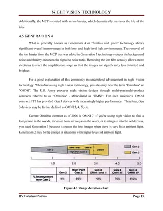 NIGHT VISION TECHNOLOGY
BY Lakshmi Padma Page 15
Additionally, the MCP is coated with an ion barrier, which dramatically increases the life of the
tube.
4.5 GENERATION 4
What is generally known as Generation 4 or "filmless and gated" technology shows
significant overall improvement in both low- and high-level light environments. The removal of
the ion barrier from the MCP that was added in Generation 3 technology reduces the background
noise and thereby enhances the signal to noise ratio. Removing the ion film actually allows more
electrons to reach the amplification stage so that the images are significantly less distorted and
brighter.
For a good explanation of this commonly misunderstood advancement in night vision
technology. When discussing night vision technology, you also may hear the term "Omnibus" or
"OMNI". The U.S. Army procures night vision devices through multi-year/multi-product
contracts referred to as "Omnibus" - abbreviated as "OMNI". For each successive OMNI
contract, ITT has provided Gen 3 devices with increasingly higher performance. Therefore, Gen
3 devices may be further defined as OMNI 3, 4, 5, etc.
Current Omnibus contract as of 2006 is OMNI 7. If you're using night vision to find a
lost person in the woods, to locate boats or buoys on the water, or to stargaze into the wilderness,
you need Generation 3 because it creates the best images when there is very little ambient light.
Generation 2 may be the choice in situations with higher levels of ambient light.
Figure 4.3:Range detection chart
 