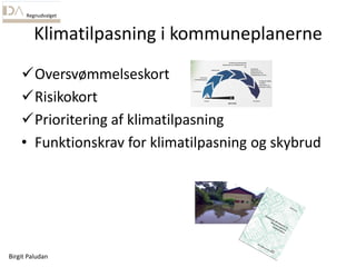 Birgit Paludan
Regnudvalget
Klimatilpasning i kommuneplanerne
Oversvømmelseskort
Risikokort
Prioritering af klimatilpas...
