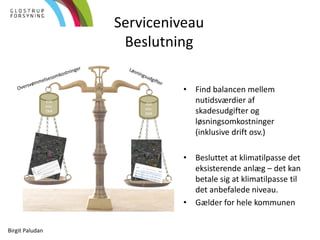 Birgit Paludan
Regnudvalget
• Find balancen mellem
nutidsværdier af
skadesudgifter og
løsningsomkostninger
(inklusive drif...