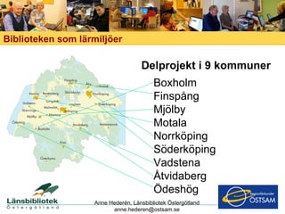 Delprojekt i 9 kommuner Boxholm  Finspång Mjölby Motala Norrköping Söderköping Vadstena Åtvidaberg Ödeshög Biblioteken som lärmiljöer  Anne Hederén, Länsbibliotek Östergötland [email_address] 
