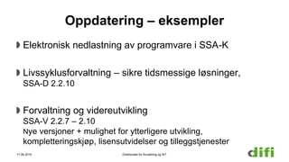 Oppdatering – eksempler
Elektronisk nedlastning av programvare i SSA-K
Livssyklusforvaltning – sikre tidsmessige løsninger,
SSA-D 2.2.10
Forvaltning og videreutvikling
SSA-V 2.2.7 – 2.10
Nye versjoner + mulighet for ytterligere utvikling,
kompletteringskjøp, lisensutvidelser og tilleggstjenester
17.06.2015 Direktoratet for forvaltning og IKT
 