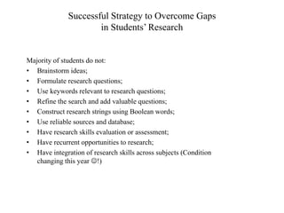 Successful Strategy to Overcome Gaps
in Students’ Research
Majority of students do not:
• Brainstorm ideas;
• Formulate research questions;
• Use keywords relevant to research questions;
• Refine the search and add valuable questions;
• Construct research strings using Boolean words;
• Use reliable sources and database;
• Have research skills evaluation or assessment;
• Have recurrent opportunities to research;
• Have integration of research skills across subjects (Condition
changing this year !)
 