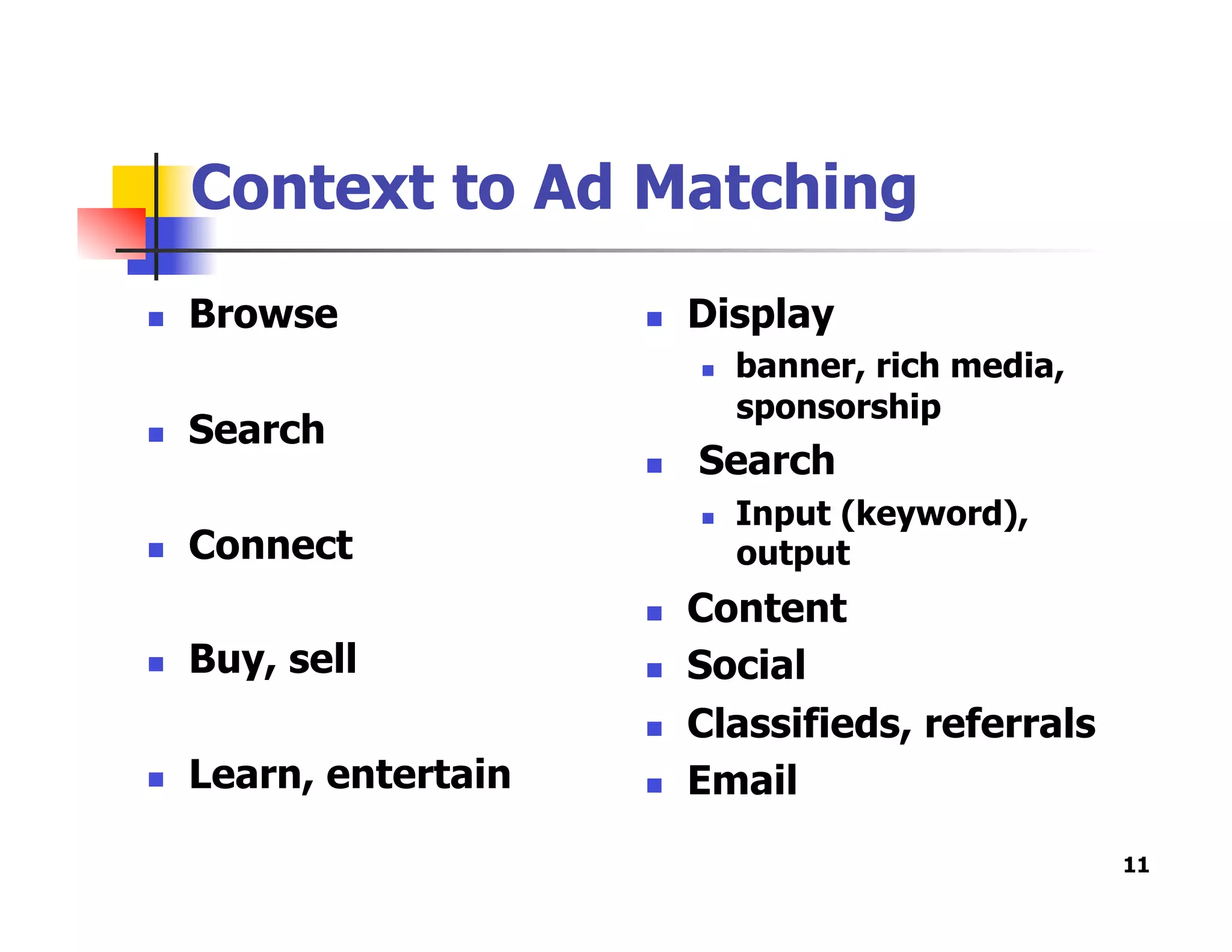 Context to Ad Matching
  Browse
  Search
  Connect
  Buy, sell
  Learn, entertain
  Display
  banner, rich media,
sponsorship
  Search
  Input (keyword),
output
  Content
  Social
  Classifieds, referrals
  Email
11
 