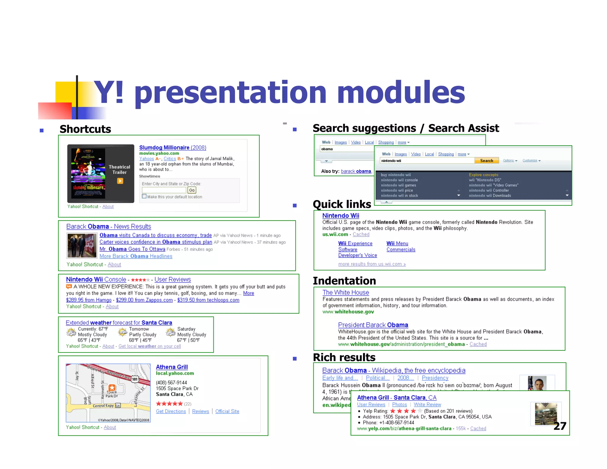 Y! presentation modules
  Shortcuts   Search suggestions / Search Assist
  Quick links
  Indentation
  Rich results
27
 