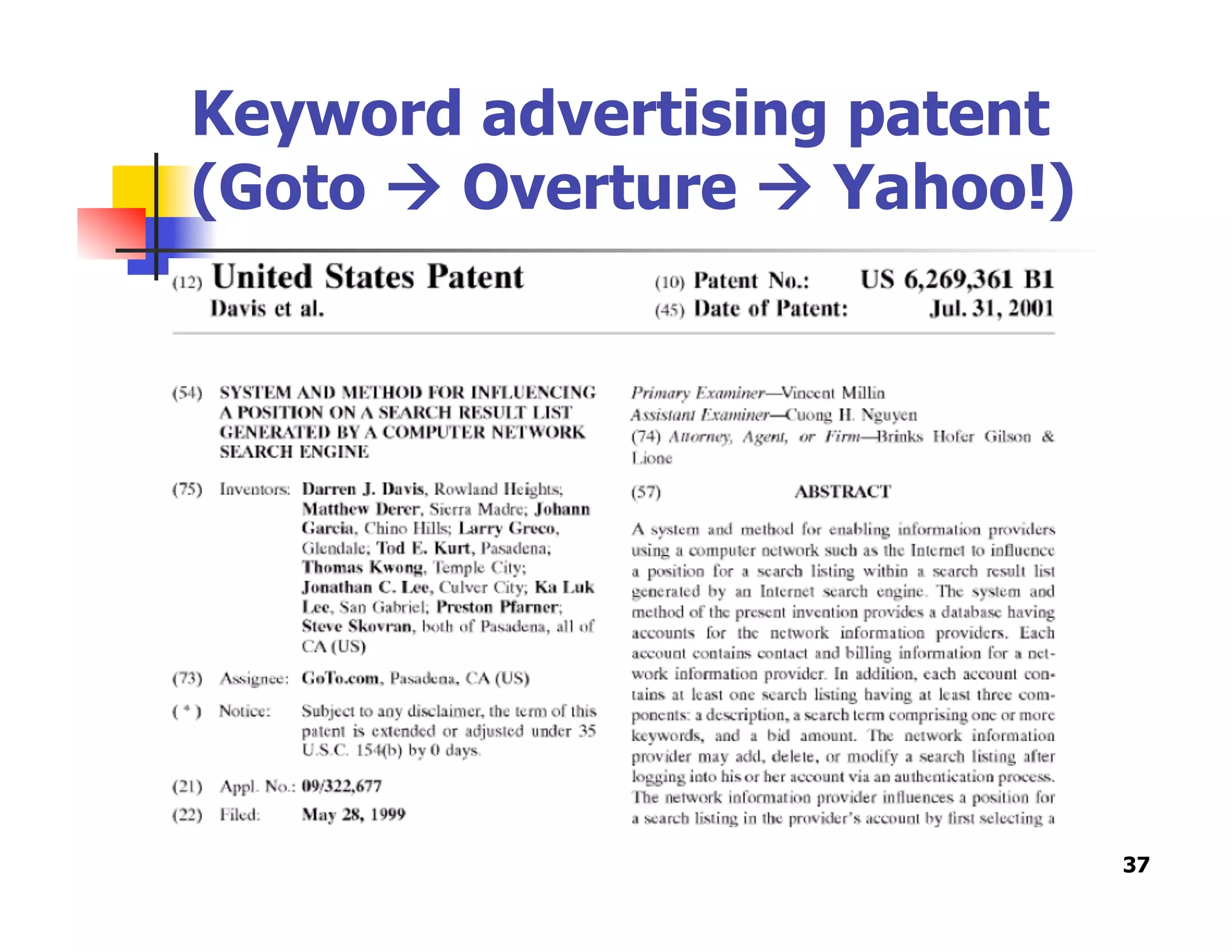 Keyword advertising patent
(Goto  Overture  Yahoo!)
37
 