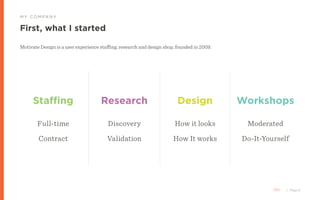 / Page 2
Motivate Design is a user experience staffing, research and design shop, founded in 2009.
M Y C O M PA N Y
First,...