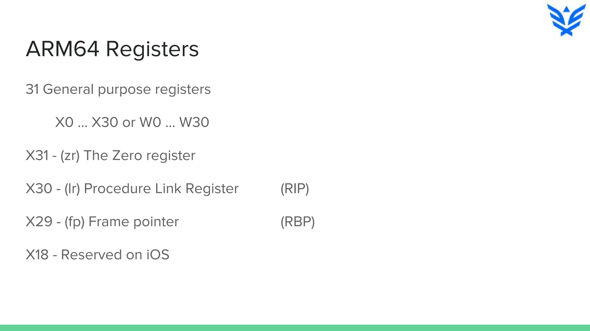 ARM64 Registers
31 General purpose registers
X0 … X30 or W0 … W30
X31 - (zr) The Zero register
X30 - (lr) Procedure Link Register (RIP)
X29 - (fp) Frame pointer (RBP)
X18 - Reserved on iOS
 