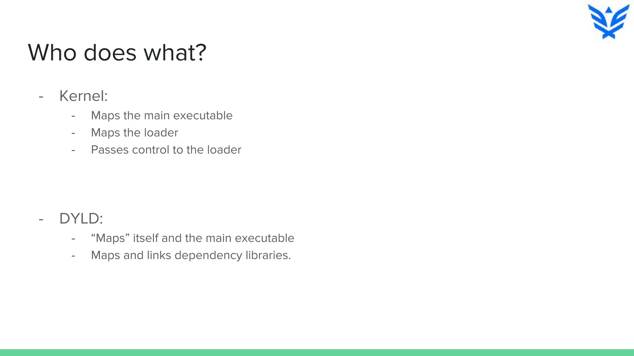 Who does what?
- Kernel:
- Maps the main executable
- Maps the loader
- Passes control to the loader
- DYLD:
- “Maps” itself and the main executable
- Maps and links dependency libraries.
 