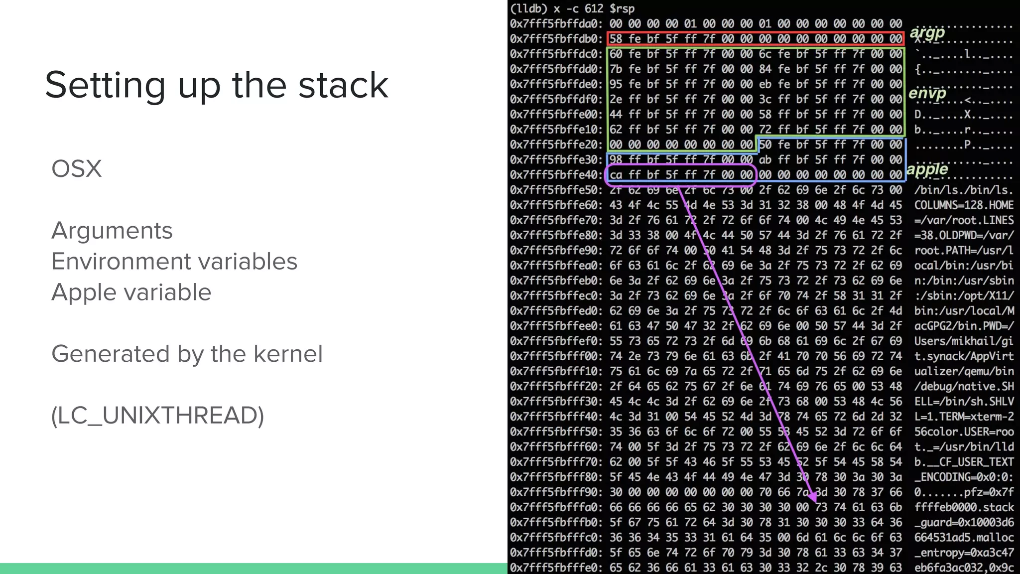 Setting up the stack
OSX
Arguments
Environment variables
Apple variable
Generated by the kernel
(LC_UNIXTHREAD)
 