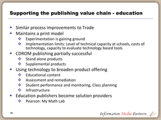 10
10
Supporting the publishing value chain - trade
 Entire publishing process is now automated
 Authors submit files
 Files are databased
 Increasingly content is tagged for merchandising
 Merchandising driving content management
 Amazon.com and on-line retailers
 Publisher’s developing own web presence
 Creation of content warehouses: Harpercollins, Random House, Hachette,
etc.
 Recognition that ‘sampling’ via web browser should be similar to an in-store
experience
 Community
 Development of author specific sites: authonomy.com
 Development of reader sites: Bookarmy.com, librarything.com
 