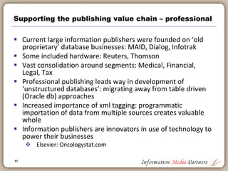 11
Supporting the publishing value chain - education
 Similar process improvements to Trade
 Maintains a print model
 Experimentation is gaining ground
 Implementation limits: Level of technical capacity at schools, costs of
technology, capacity to evaluate technology based tools
 CDROM publishing partially successful
 Stand alone products
 Supplemental products
 Using technology to broaden product offering
 Educational content
 Assessment and remediation
 Student performance and monitoring, Class planning
 Infrastructure
 Education publishers become solution providers
 Pearson: My Math Lab
 