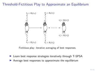 35/43
Threshold-Fictitious Play to Approximate an Equilibrium
π̃2 ∈ B2(π1)
π2
π1
π̃1 ∈ B1(π2)
π̃0
2 ∈ B2(π0
1)
π0
2
π0
1
π̃0
1 ∈ B1(π0
2)
. . .
π∗
2 ∈ B2(π∗
1)
π∗
1 ∈ B1(π∗
2)
Fictitious play: iterative averaging of best responses.
I Learn best response strategies iteratively through T-SPSA
I Average best responses to approximate the equilibrium
 