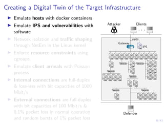 39/43
Creating a Digital Twin of the Target Infrastructure
I Emulate hosts with docker containers
I Emulate IPS and vulnerabilities with
software
I Network isolation and traffic shaping
through NetEm in the Linux kernel
I Enforce resource constraints using
cgroups.
I Emulate client arrivals with Poisson
process
I Internal connections are full-duplex
 loss-less with bit capacities of 1000
Mbit/s
I External connections are full-duplex
with bit capacities of 100 Mbit/s 
0.1% packet loss in normal operation
and random bursts of 1% packet loss
Attacker Clients
. . .
Defender
1 IPS
1
alerts
Gateway
7 8 9 10 11
6
5
4
3
2
12
13 14 15 16
17
18
19
21
23
20
22
24
25 26
27 28 29 30 31
 