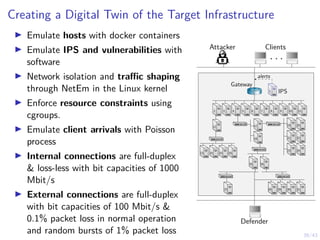 39/43
Creating a Digital Twin of the Target Infrastructure
I Emulate hosts with docker containers
I Emulate IPS and vulnerabilities with
software
I Network isolation and traffic shaping
through NetEm in the Linux kernel
I Enforce resource constraints using
cgroups.
I Emulate client arrivals with Poisson
process
I Internal connections are full-duplex
 loss-less with bit capacities of 1000
Mbit/s
I External connections are full-duplex
with bit capacities of 100 Mbit/s 
0.1% packet loss in normal operation
and random bursts of 1% packet loss
Attacker Clients
. . .
Defender
1 IPS
1
alerts
Gateway
7 8 9 10 11
6
5
4
3
2
12
13 14 15 16
17
18
19
21
23
20
22
24
25 26
27 28 29 30 31
 