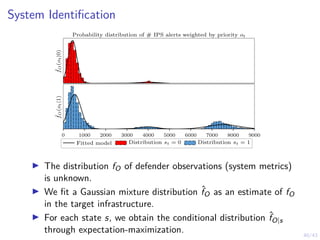 40/43
System Identification
ˆ
f
O
(o
t
|0)
Probability distribution of # IPS alerts weighted by priority ot
0 1000 2000 3000 4000 5000 6000 7000 8000 9000
ˆ
f
O
(o
t
|1)
Fitted model Distribution st = 0 Distribution st = 1
I The distribution fO of defender observations (system metrics)
is unknown.
I We fit a Gaussian mixture distribution ˆ
fO as an estimate of fO
in the target infrastructure.
I For each state s, we obtain the conditional distribution ˆ
fO|s
through expectation-maximization.
 