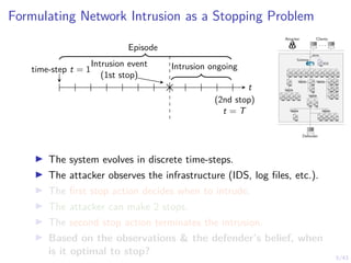 5/43
Formulating Network Intrusion as a Stopping Problem
Intrusion event
(1st stop)
time-step t = 1 Intrusion ongoing
t
(2nd stop)
t = T
Episode
Attacker Clients
. . .
Defender
1 IDS
1
alerts
Gateway
7 8 9 10 11
6
5
4
3
2
12
13 14 15 16
17
18
19
21
23
20
22
24
25 26
27 28 29 30 31
I The system evolves in discrete time-steps.
I The attacker observes the infrastructure (IDS, log files, etc.).
I The first stop action decides when to intrude.
I The attacker can make 2 stops.
I The second stop action terminates the intrusion.
I Based on the observations & the defender’s belief, when
is it optimal to stop?
 