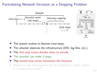 5/43
Formulating Network Intrusion as a Stopping Problem
Intrusion event
(1st stop)
time-step t = 1 Intrusion ongoing
t
(2nd stop)
t = T
Episode
Attacker Clients
. . .
Defender
1 IDS
1
alerts
Gateway
7 8 9 10 11
6
5
4
3
2
12
13 14 15 16
17
18
19
21
23
20
22
24
25 26
27 28 29 30 31
I The system evolves in discrete time-steps.
I The attacker observes the infrastructure (IDS, log files, etc.).
I The first stop action decides when to intrude.
I The attacker can make 2 stops.
I The second stop action terminates the intrusion.
I Based on the observations & the defender’s belief, when
is it optimal to stop?
 