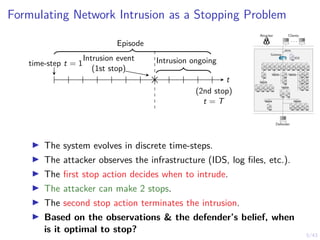 5/43
Formulating Network Intrusion as a Stopping Problem
Intrusion event
(1st stop)
time-step t = 1 Intrusion ongoing
t
(2nd stop)
t = T
Episode
Attacker Clients
. . .
Defender
1 IDS
1
alerts
Gateway
7 8 9 10 11
6
5
4
3
2
12
13 14 15 16
17
18
19
21
23
20
22
24
25 26
27 28 29 30 31
I The system evolves in discrete time-steps.
I The attacker observes the infrastructure (IDS, log files, etc.).
I The first stop action decides when to intrude.
I The attacker can make 2 stops.
I The second stop action terminates the intrusion.
I Based on the observations & the defender’s belief, when
is it optimal to stop?
 