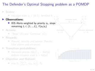 11/43
The Defender’s Optimal Stopping problem as a POMDP
I States:
I Intrusion state st ∈ {0, 1}, terminal ∅.
I Observations:
I IDS Alerts weighted by priority ot, stops
remaining lt ∈ {1, .., L}, f (ot|st)
I Actions:
I “Stop” (S) and “Continue” (C)
I Rewards:
I Reward: security and service. Penalty:
false alarms and intrusions
I Transition probabilities:
I Bernoulli process (Qt)T
t=1 ∼ Ber(p)
defines intrusion start It ∼ Ge(p)
I Objective and Horizon:
I max Eπ
hPT∅
t=1 r(st, at)
i
, T∅
0 1
∅
t ≥ 1
lt  0
t ≥ 2
lt  0
intrusion starts
Qt = 1
final stop
lt = 0
intrusion prevented
lt = 0
5 10 15 20 25
intrusion start time t
0.0
0.5
1.0
CDF
I
t
(t)
It ∼ Ge(p = 0.2)
 