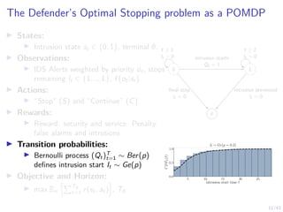 11/43
The Defender’s Optimal Stopping problem as a POMDP
I States:
I Intrusion state st ∈ {0, 1}, terminal ∅.
I Observations:
I IDS Alerts weighted by priority ot, stops
remaining lt ∈ {1, .., L}, f (ot|st)
I Actions:
I “Stop” (S) and “Continue” (C)
I Rewards:
I Reward: security and service. Penalty:
false alarms and intrusions
I Transition probabilities:
I Bernoulli process (Qt)T
t=1 ∼ Ber(p)
defines intrusion start It ∼ Ge(p)
I Objective and Horizon:
I max Eπ
hPT∅
t=1 r(st, at)
i
, T∅
0 1
∅
t ≥ 1
lt  0
t ≥ 2
lt  0
intrusion starts
Qt = 1
final stop
lt = 0
intrusion prevented
lt = 0
5 10 15 20 25
intrusion start time t
0.0
0.5
1.0
CDF
I
t
(t)
It ∼ Ge(p = 0.2)
 